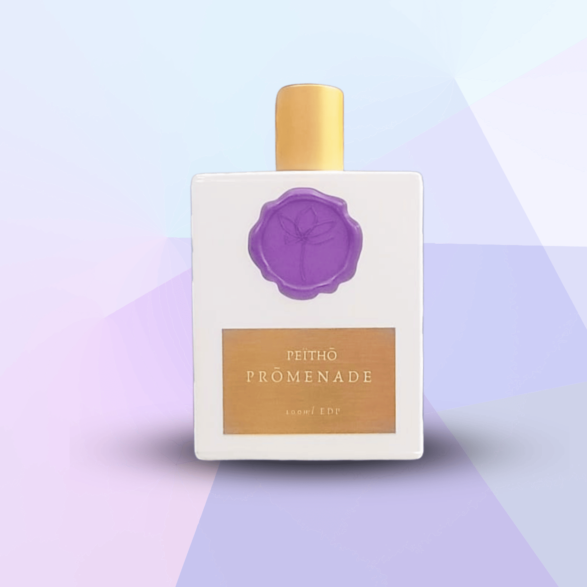 Peitho-Perfumes.ScentedCandles_ A bottle of Prōmenade - Eau de Parfum, a scented perfume, on a purple background.