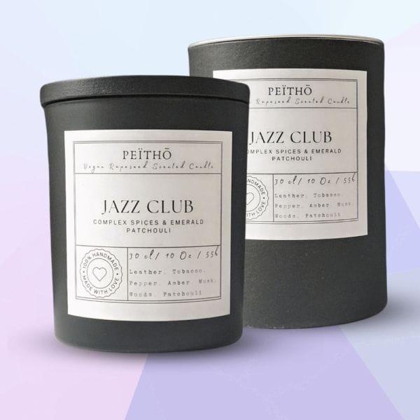 Peitho-Perfumes.ScentedCandles_ A homemade candle scented with a molecular jazz club fragrance.