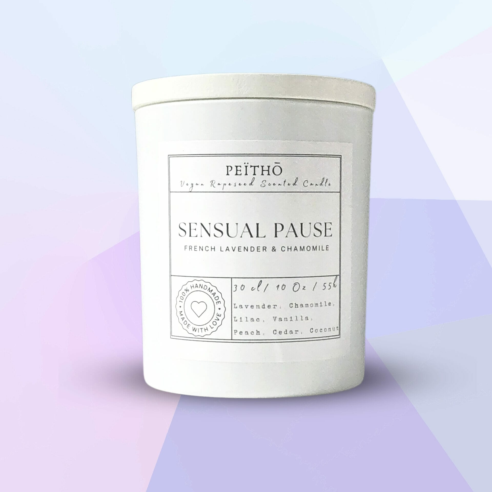 Peitho-Perfumes.ScentedCandles_ A homemade Swiss scented candle decorated with the words "sensual pause.
