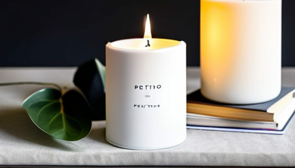Peitho-Perfumes.ScentedCandles_ A homemade scented candle placed beside a book and a leaf.