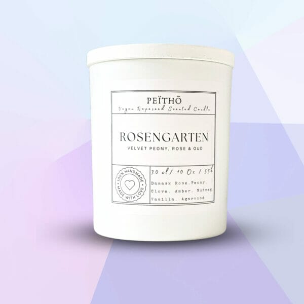 Peitho-Perfumes.ScentedCandles_ A Swiss homemade scented candle with the words rose garden on it.