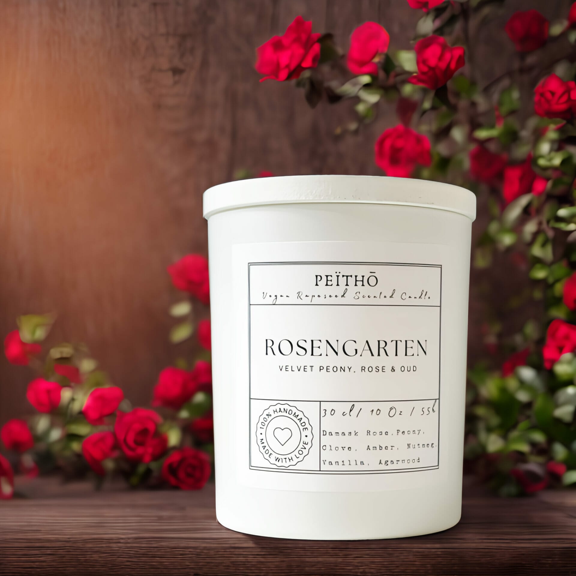 Peitho-Perfumes.ScentedCandles_ Homemade scented candle on a sunny lakeside with red roses.