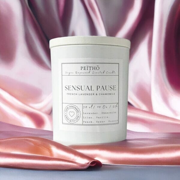 Peitho-Perfumes.ScentedCandles_ A homemade scented candle with a sunny lakeside aroma and sensual pause written on it.