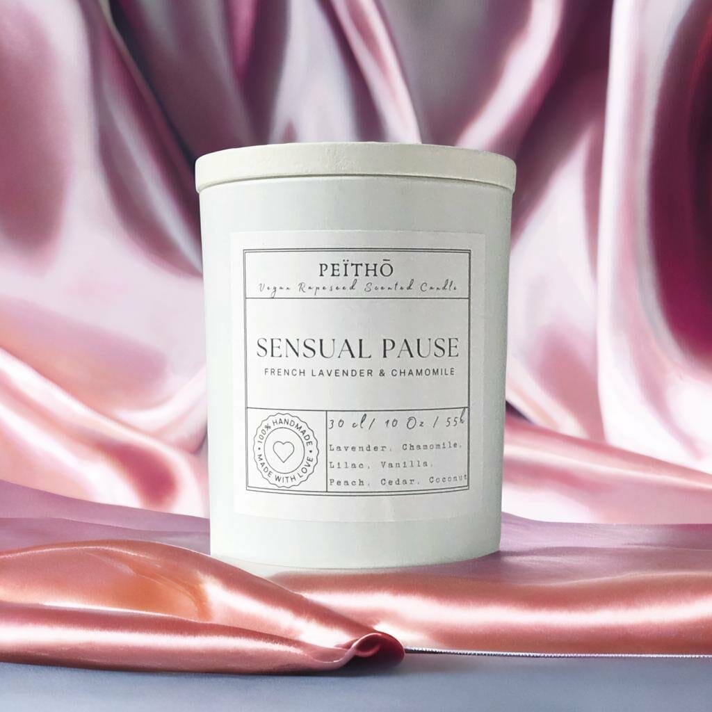 Peitho-Perfumes.ScentedCandles_ A homemade scented candle with a sunny lakeside aroma and sensual pause written on it.