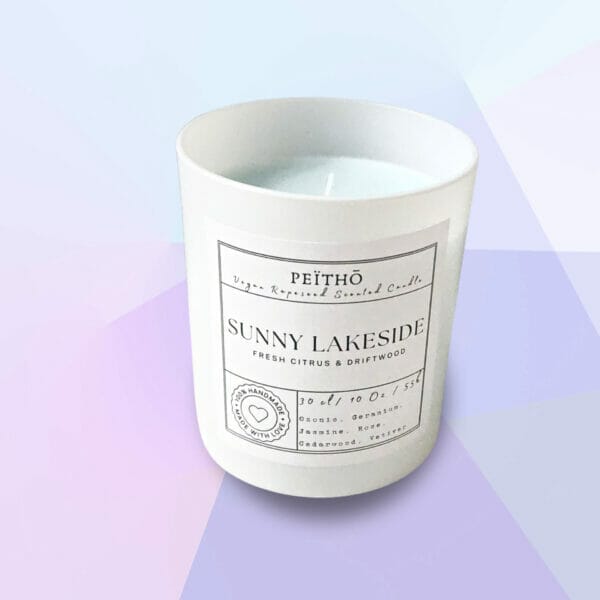 Peitho-Perfumes.ScentedCandles_ A homemade, sunny lakeside scented candle with the words 'bunny lakeside' on it.