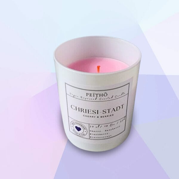 Peitho-Perfumes.ScentedCandles_ white candle jar called Chriesistadt, meaning City of Cherries, on purple background
