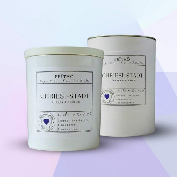 Peitho-Perfumes.ScentedCandles_ white candle jar called Chriesistadt, meaning City of Cherries, on purple background