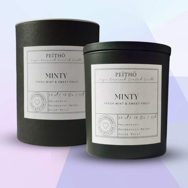 Peitho-Perfumes.ScentedCandles_ black candle jar called minty on purple background