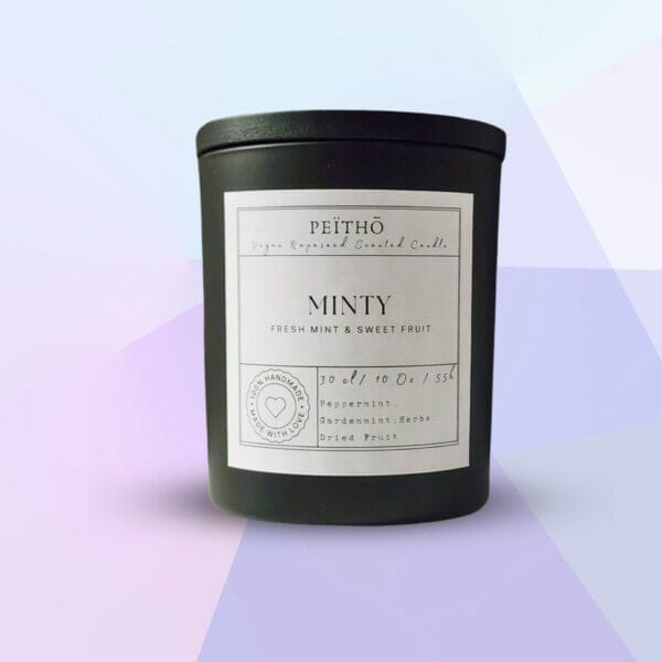 Peitho-Perfumes.ScentedCandles_ black candle jar called minty on purple background