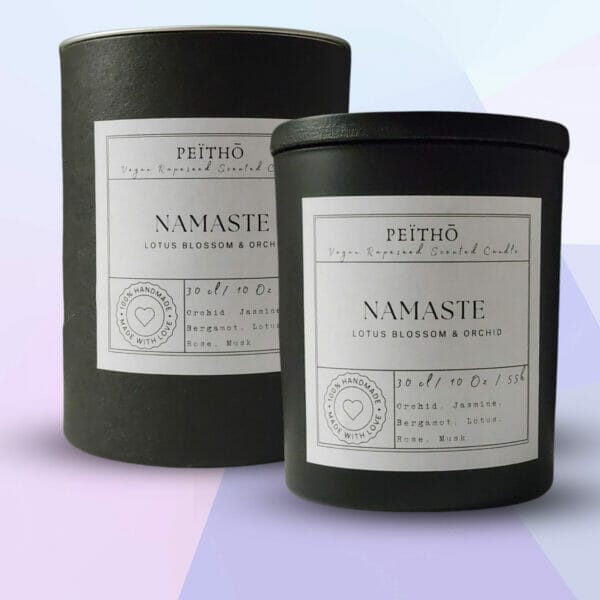 Peitho-Perfumes.ScentedCandles_ black candle jar called namaste on purple background