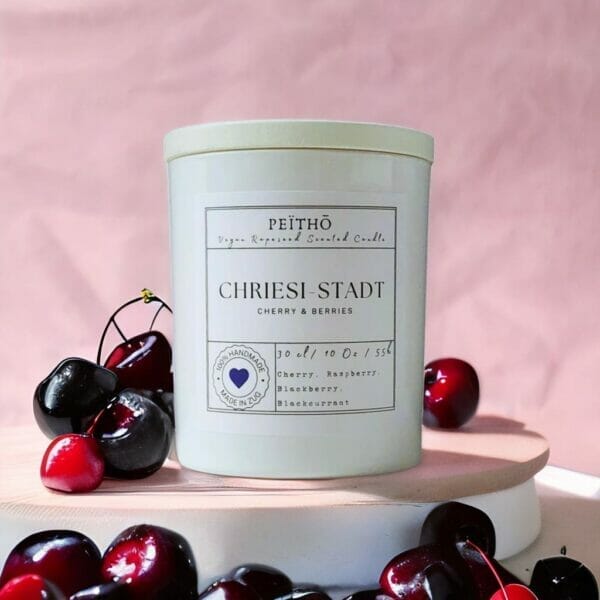 Peitho-Perfumes.ScentedCandles_ A homemade molecular perfume scented candle with the word chriesi stadt on it.