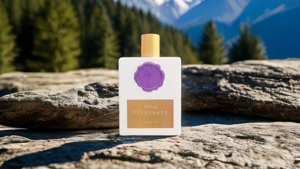 Peitho-Perfumes.ScentedCandles_ A bottle of handmade perfume sitting on a rock with mountains in the background.