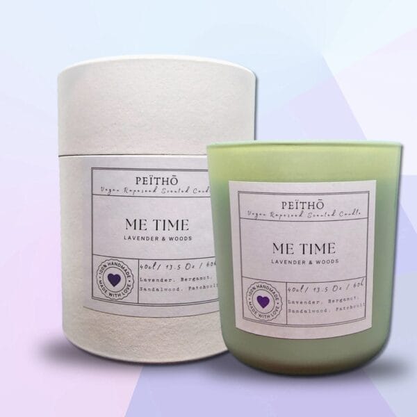 Peitho-Perfumes.ScentedCandles_ A Me Time - Scented Candle with the words me time next to it.