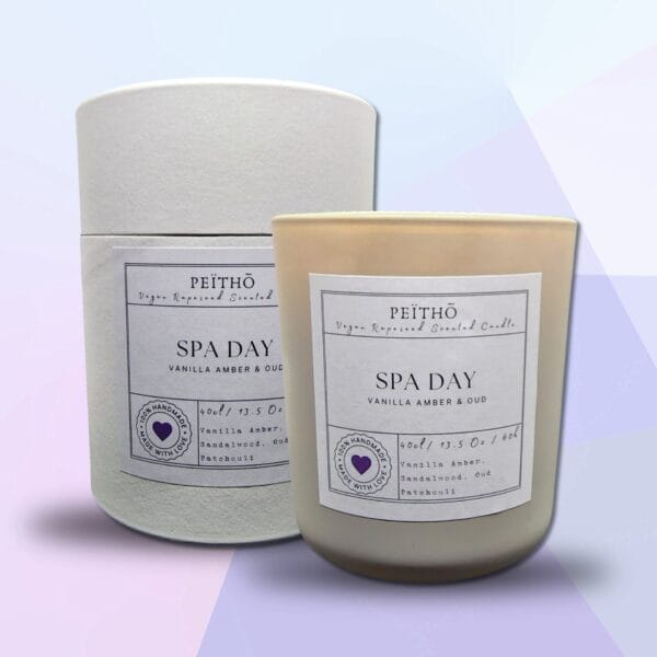 Peitho-Perfumes.ScentedCandles_ A Spa Day - Scented Candle with the words spa day next to it.