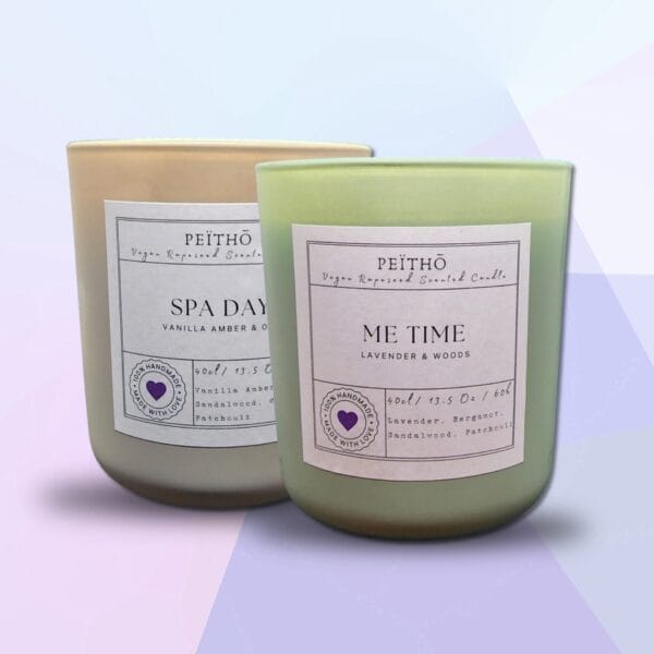 Peitho-Perfumes.ScentedCandles_ Two Me Time - Scented Candles on a purple background.