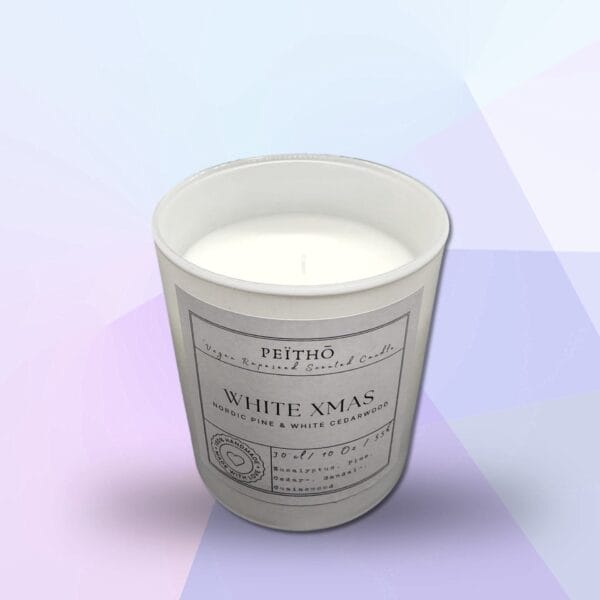 Peitho-Perfumes.ScentedCandles_ A White Xmas - Scented Candle on a purple background.