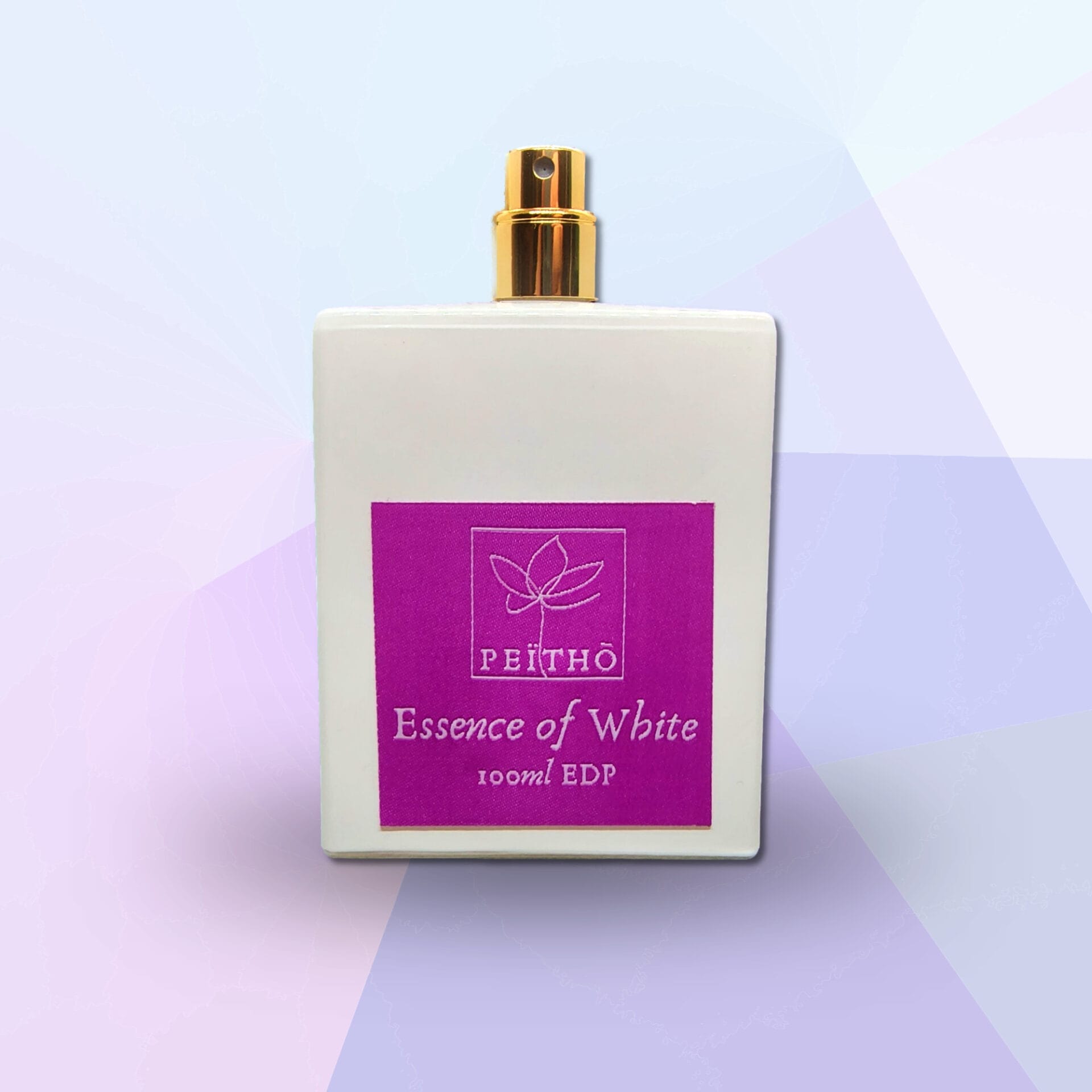 Peitho-Perfumes.ScentedCandles_ A bottle of The Essence of White - Eau de Parfum 100ml on a purple background.